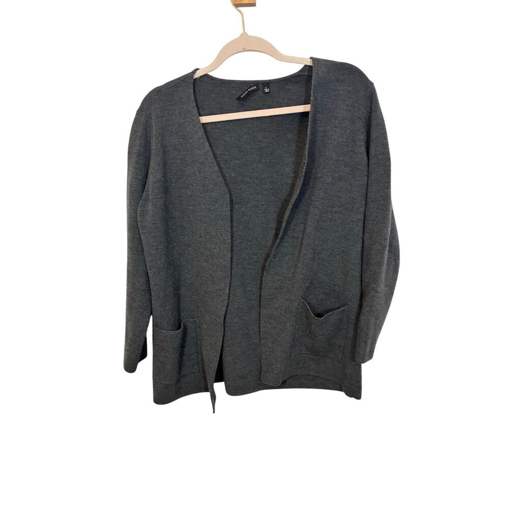 Anne Klein Minimalist Prep Gray Charcoal 100% wool long sleeve cardigan Cozy L
